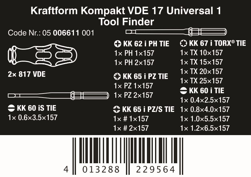 Wera Kraftform Kompakt VDE 17 Universal Tool Finder Screwdriver Set 05006611001