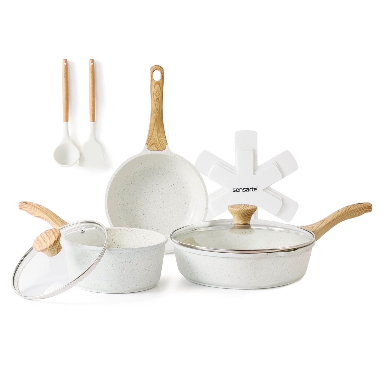 Sensarte Ceramic Nonstick Cookware Set, 10 Pieces, Induction Compatible, White,