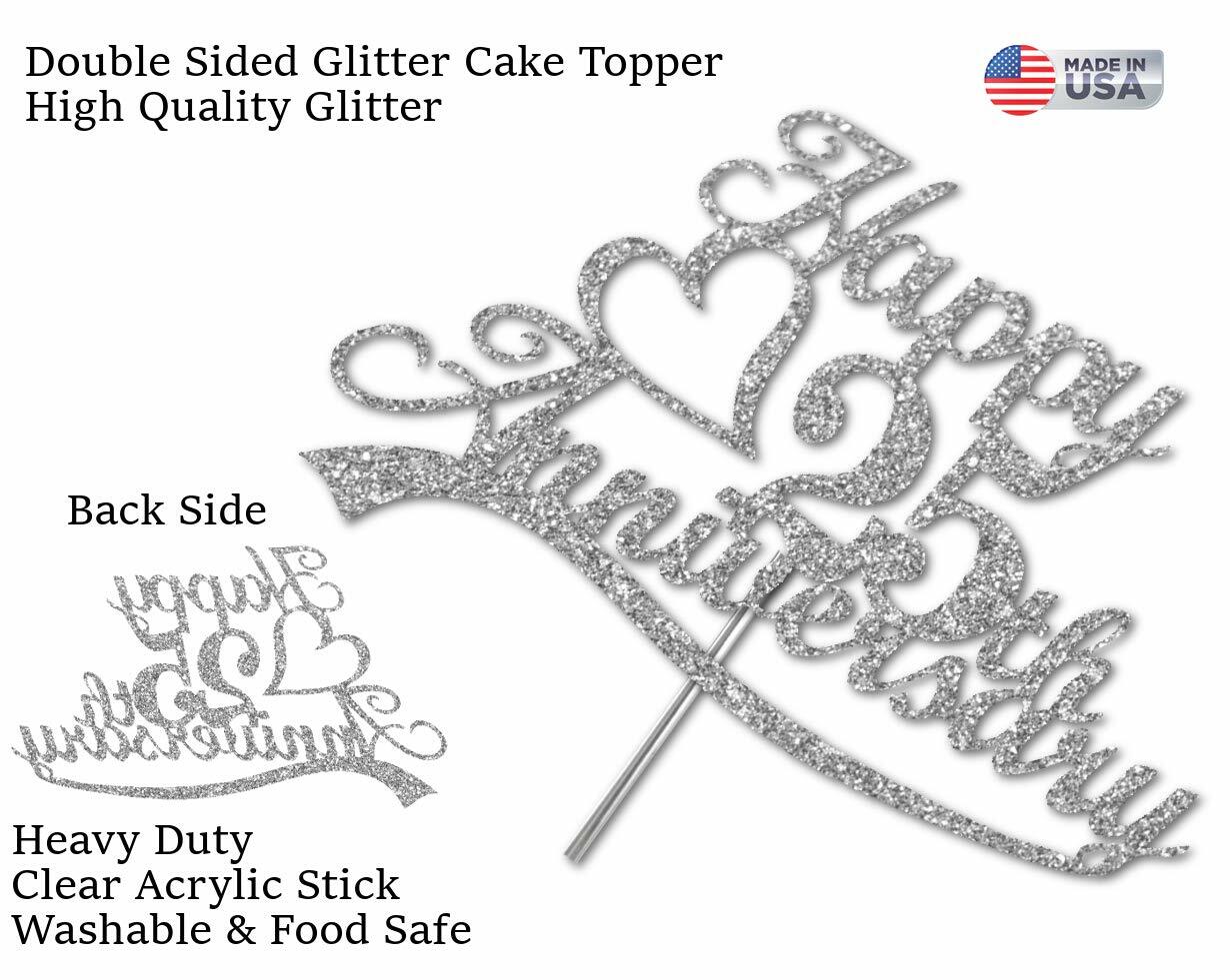 25th Anniversary Cake Topper Silver Glitter, 25 Wedding Anniversary Party