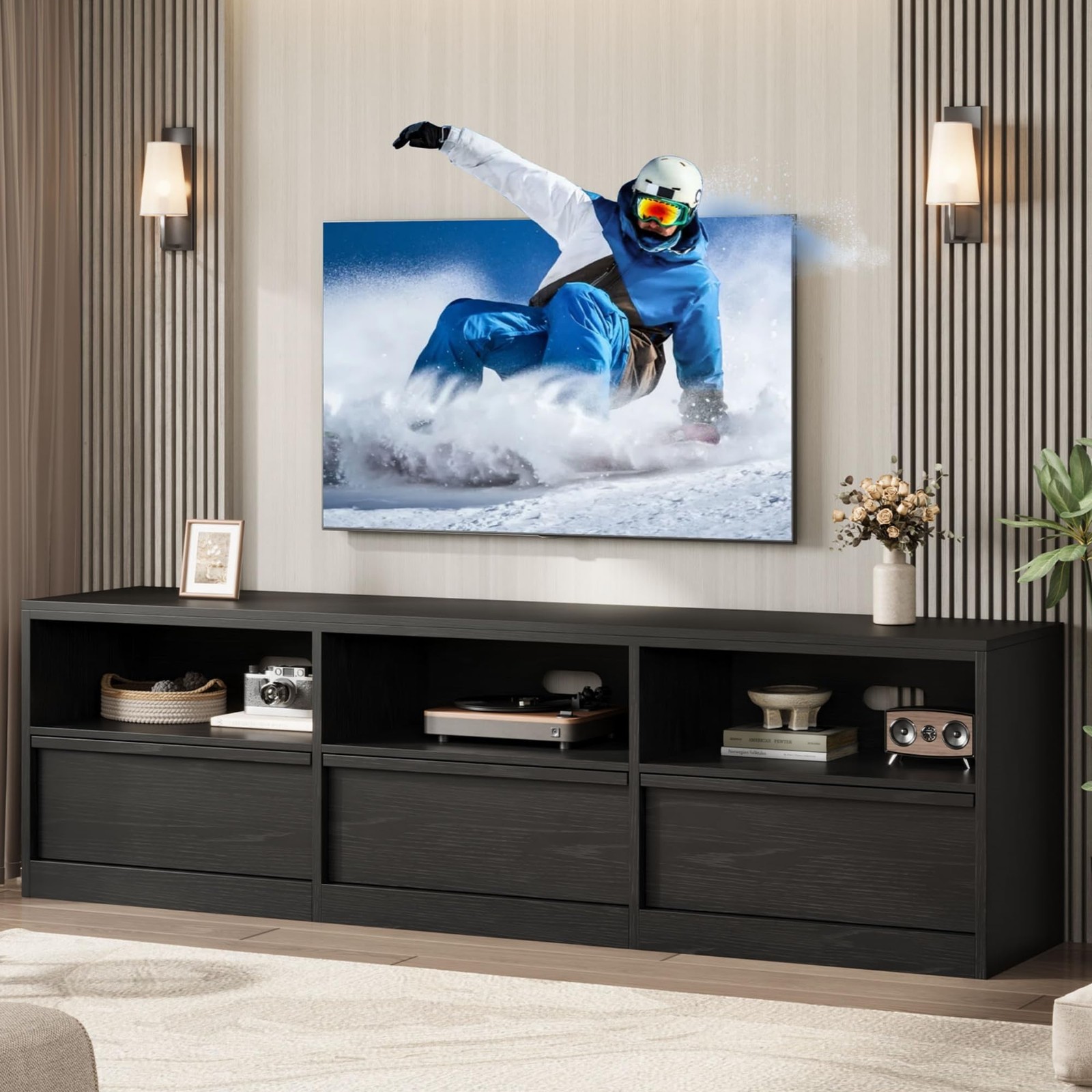 IDEALHOUSE 70″ TV Stand for 75 80 Inch TV, L x 15.4″ W x 20.5″ H, Black