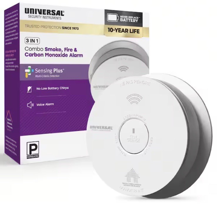 USI 10-Year Battery 3-in-1 Smoke Fire and Carbon Monoxide Detector w/Voice Alarm