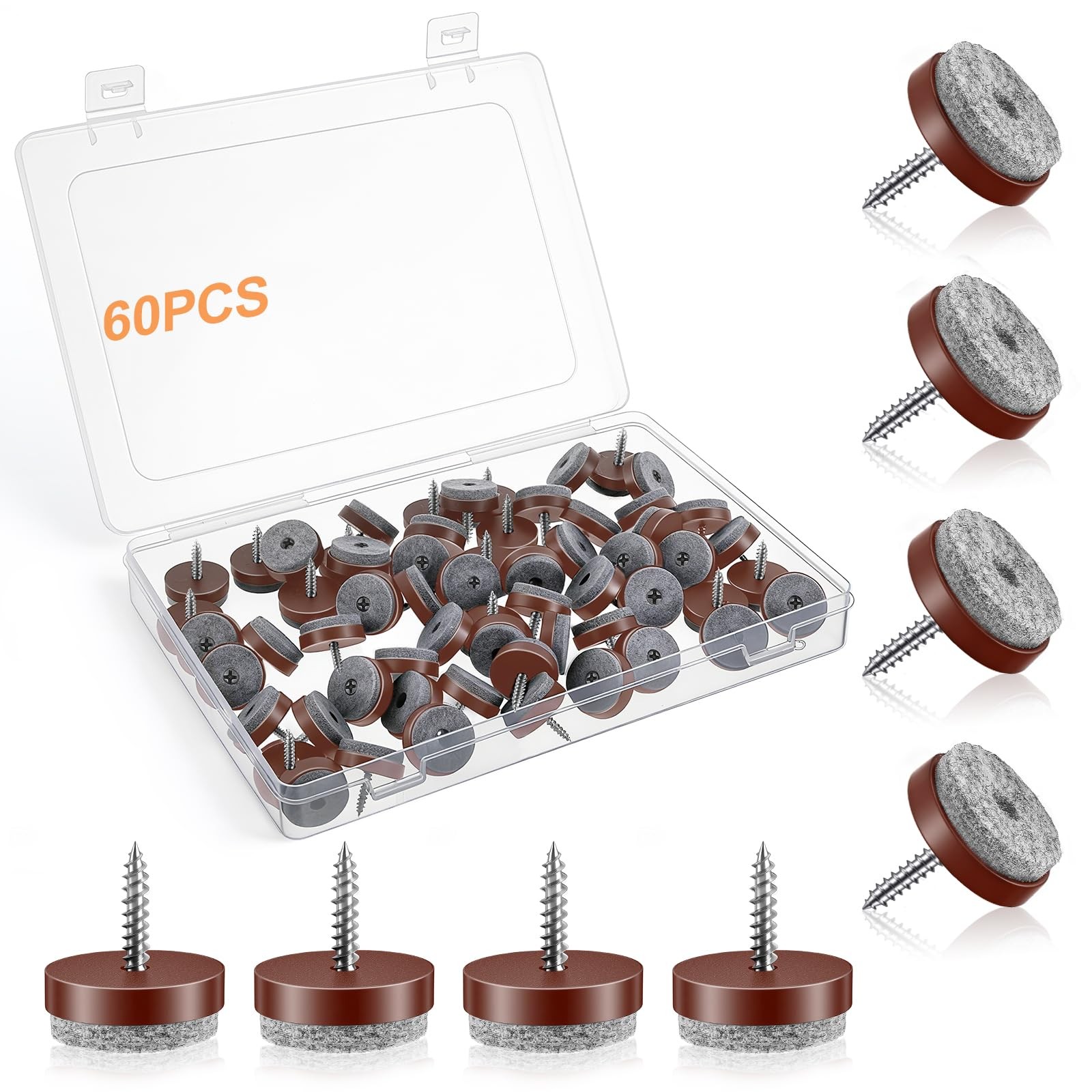 60 PCS 0.8 Inch Brown Screw On Furniture Felt Pads Non Slip Floor Protector