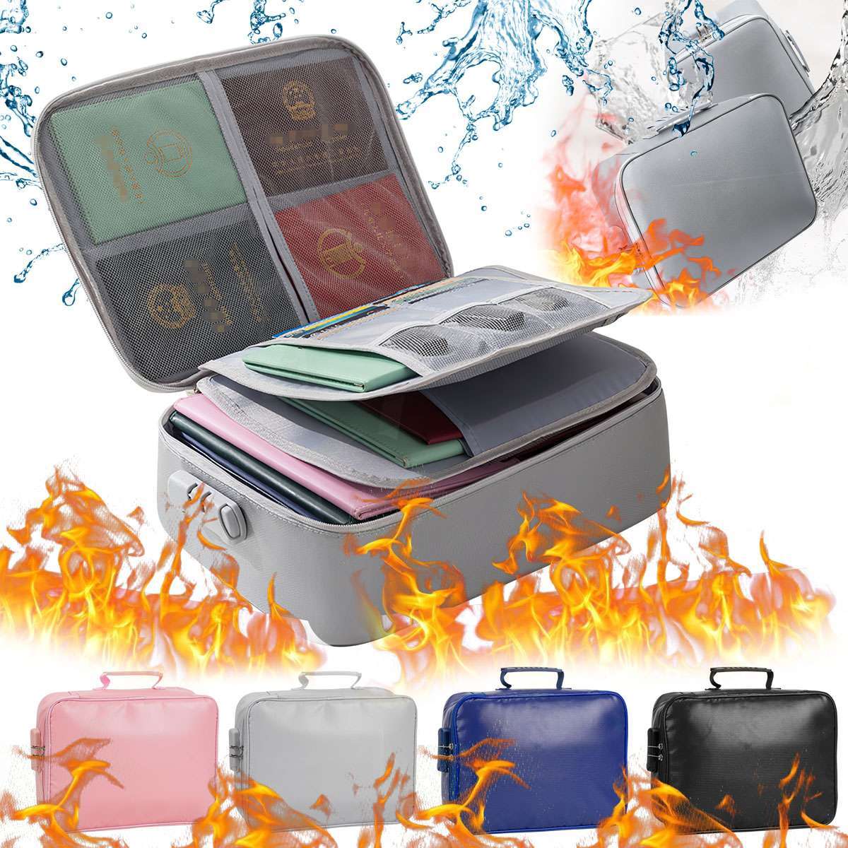 Fireproof Document Bag 13.8*10.2*4.7in Waterproof Safe Cash Money Pouch Storage