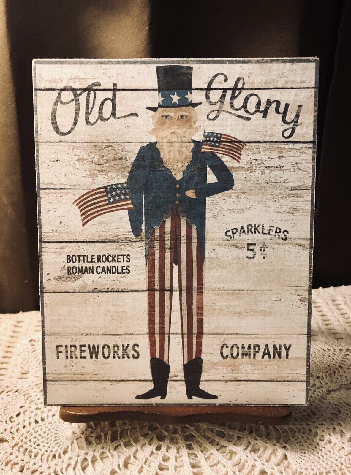 OLD GLORY Uncle Sam, Fireworks, Folk Art Americana Handcrafted Plaque / Sign