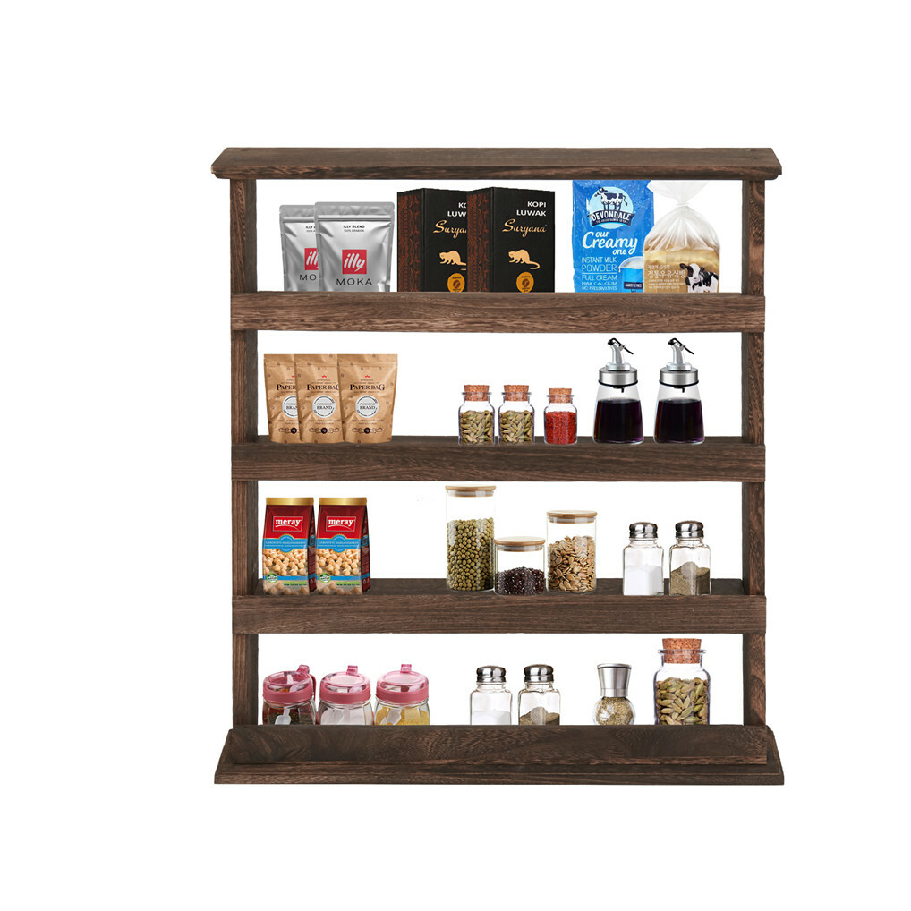 Rustic Torched Wood Wall-Mounted 4-Tier Spice Rack Hanging Spice Shelf Storage