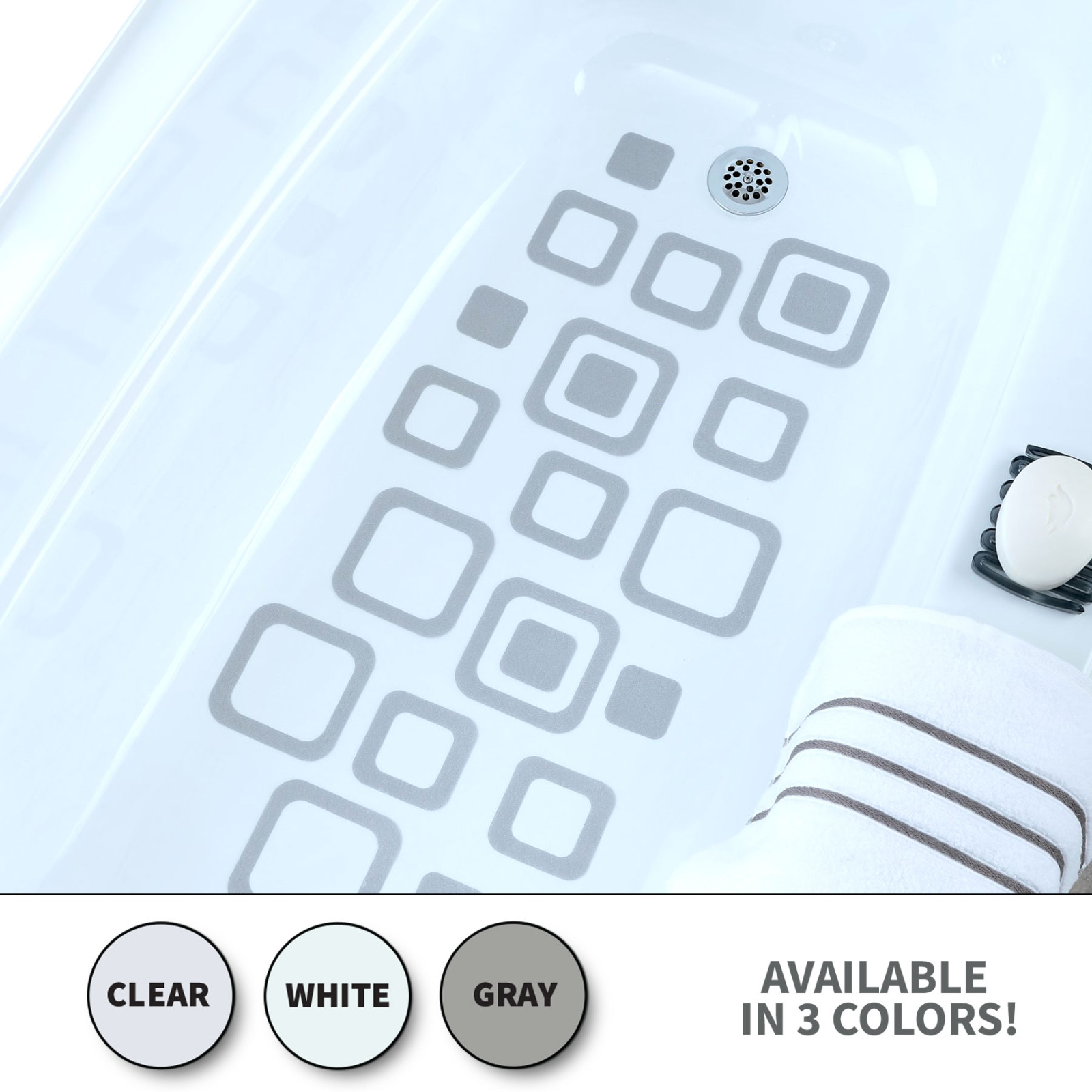 Adhesive Square Bath Treads: White, Gray, and Clear Bath Safety Treads