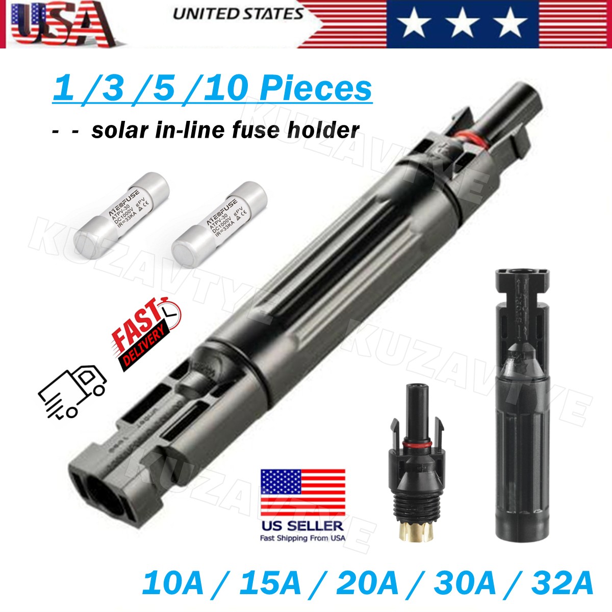 10/15/20/30/32A Waterproof in-Line Fuse Holder w/Fuse Solar Panel PV Connectors