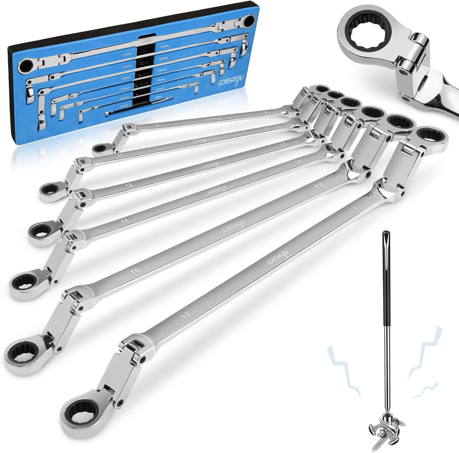 Upgraded Double Jointed Extra Long Flex Head Ratchet Wrench Set, 6 PCS Metric 8-