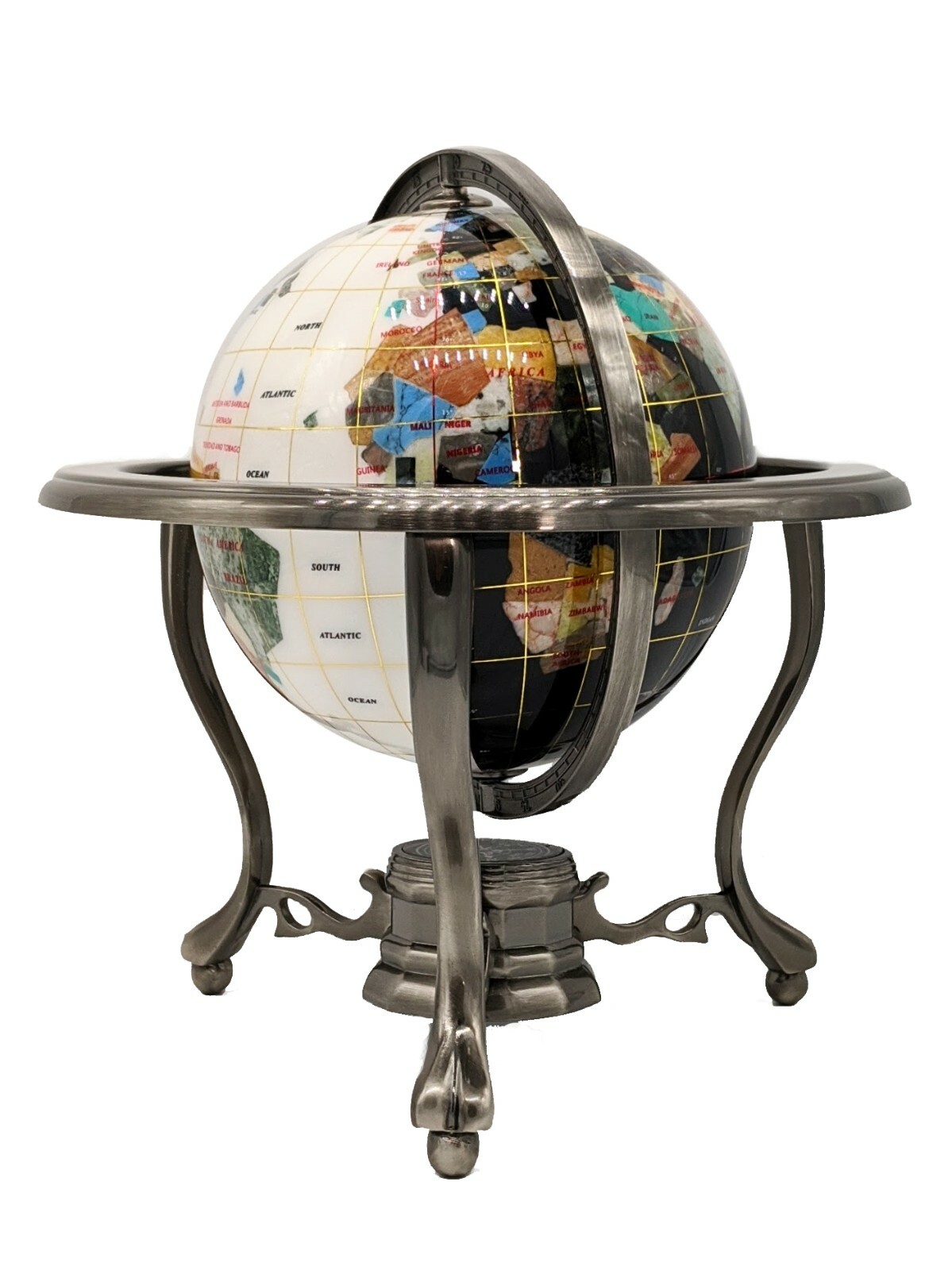 Special 10″ Tall White Jade and Black Onyx Ocean Table Top Gemstone World Globe