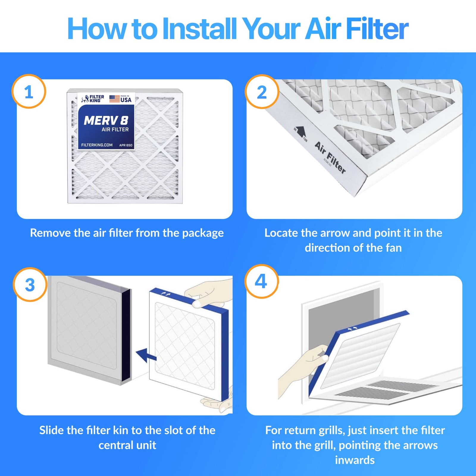 Filter King 23x44x1 Air Filter 4-PACK MERV 8 Actual Size 23 x 44 x .75″
