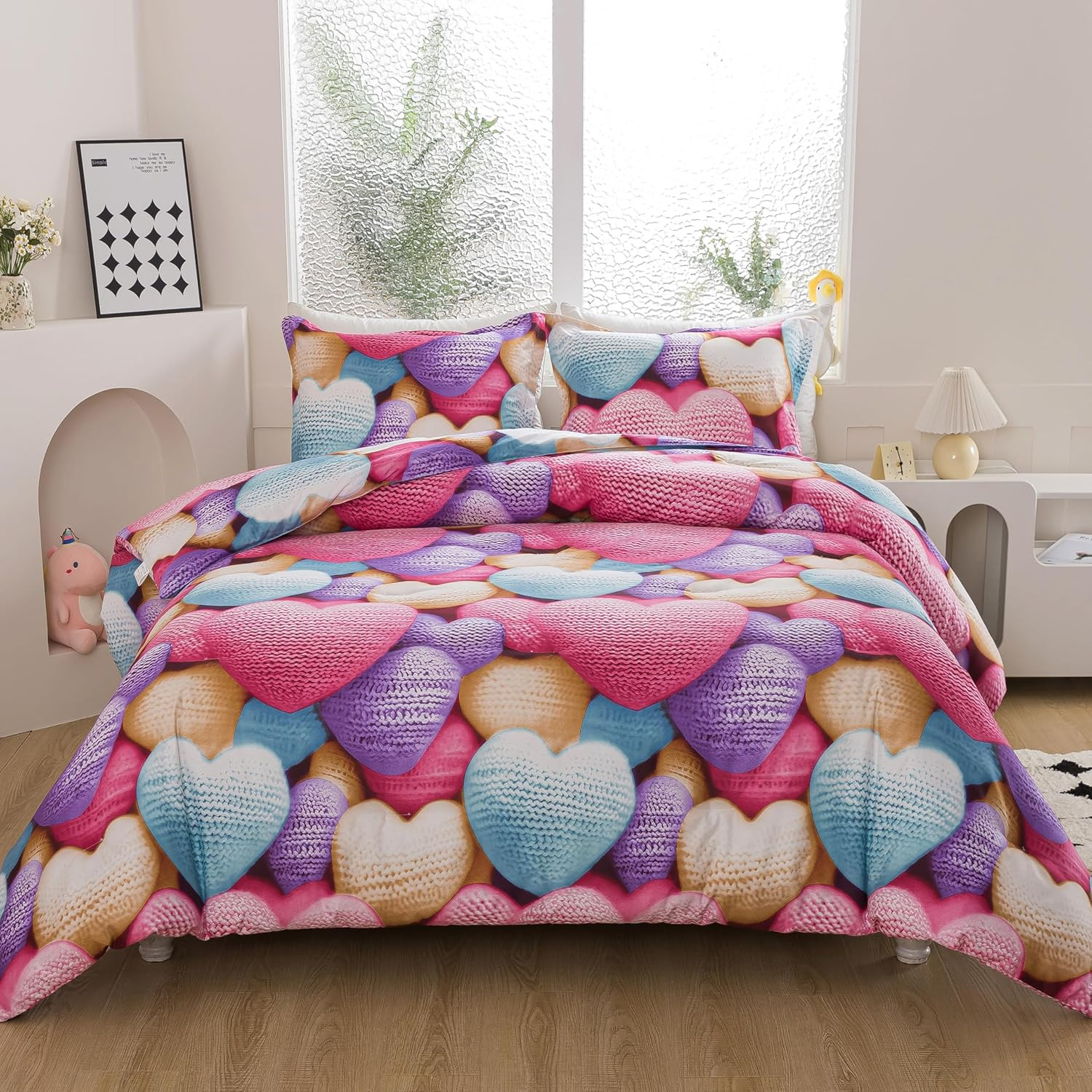 Heart Print Comforter Set Queen Size, Stereoscopic 5D Lovely Teens Romantic Comf