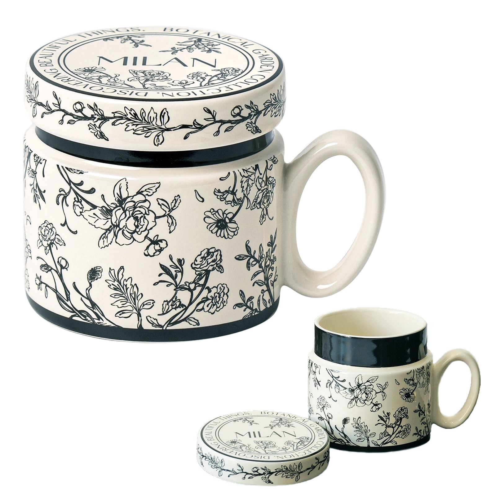 Ceramic Coffee Mug with Lid 12.9oz Flower Pattern Porcelain Tea Latte Black