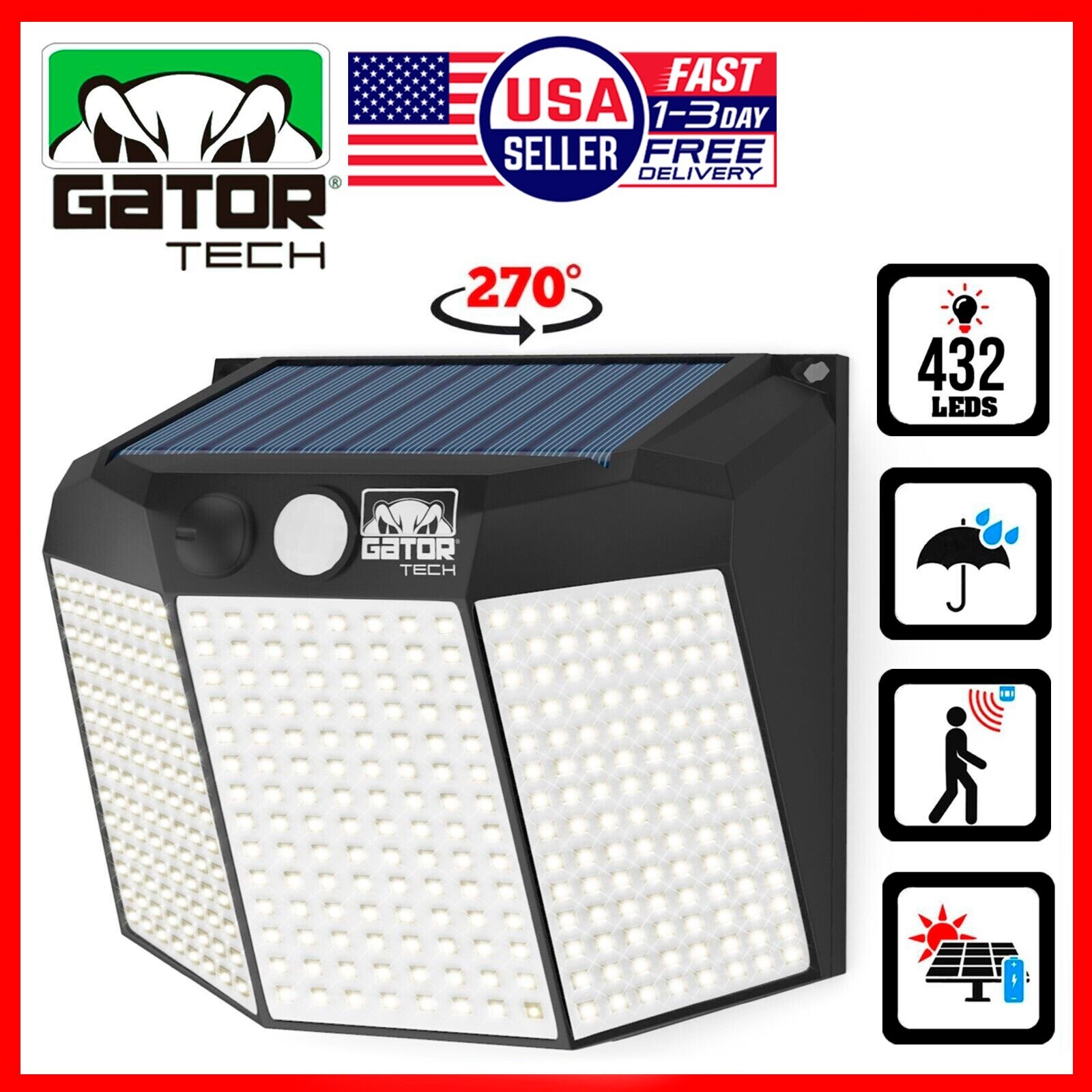 Solar Wall Lamp 432 LED PIR Motion Sensor Outdoor Security Garden Patio Fence