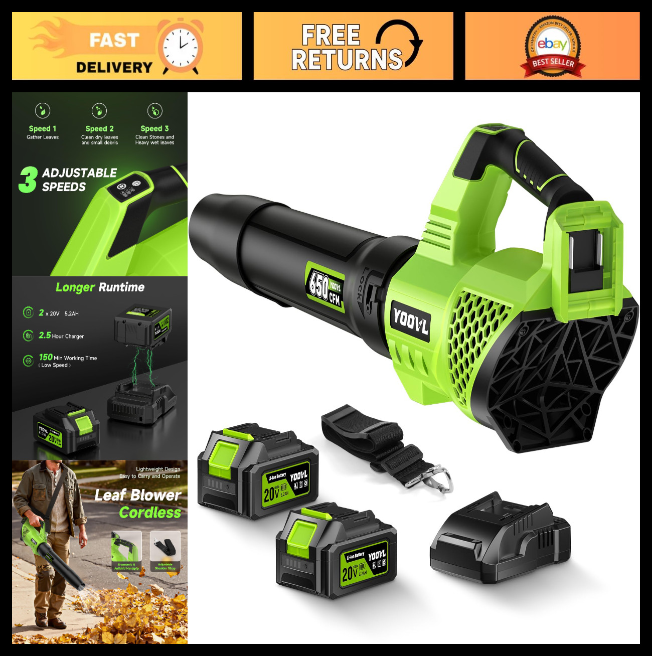 Cordless Leaf Blower 650CFM – 3 Speed Modes, 2 Batteries & Charger, Lawn Care To