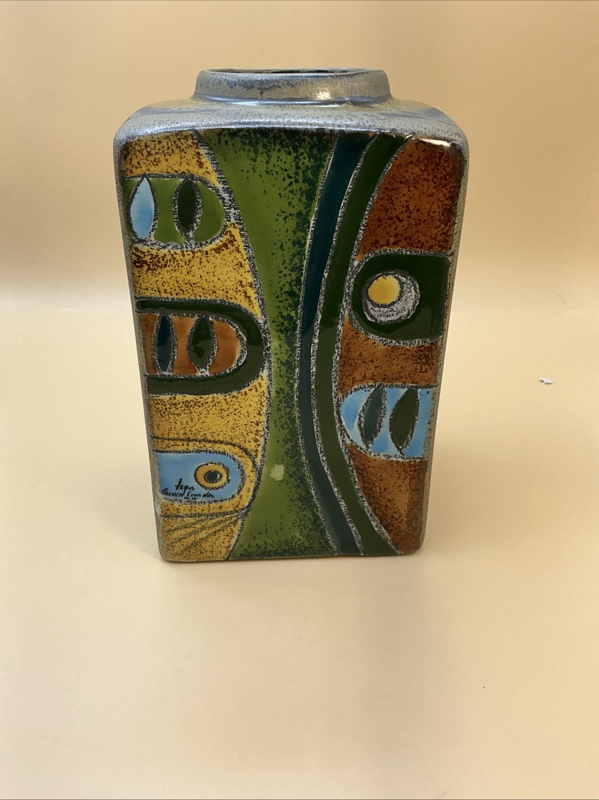 Veoa De Artesa Ecuador Square Vase 7 1/4” Tall Hand painted