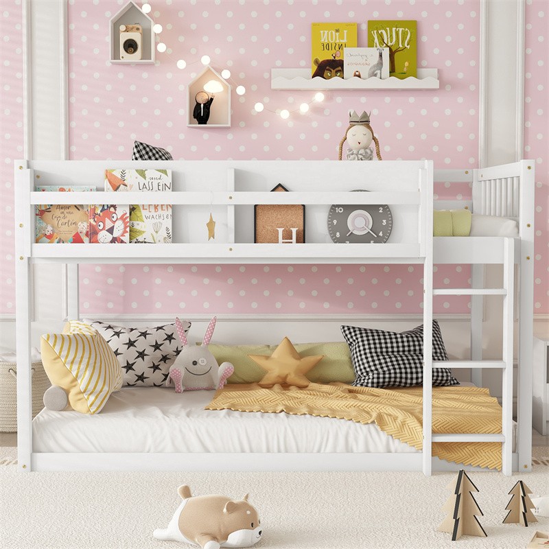 Solid Wood Low Twin Size Bunk Bed Floor Bunk Bed with Ladder for Kids Juniors