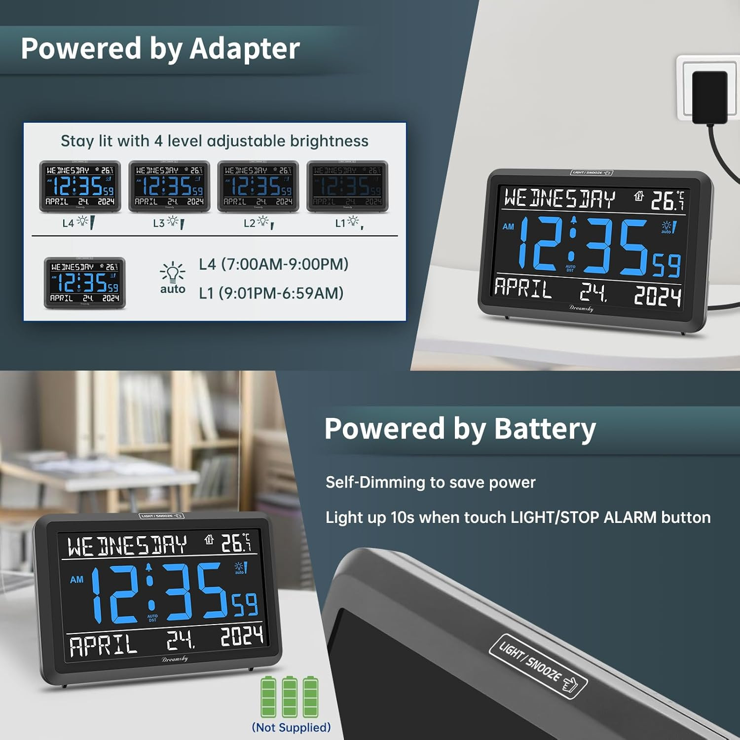 Large Digital Clock with Date and Day of Week – Electric Desk Clock for Seniors