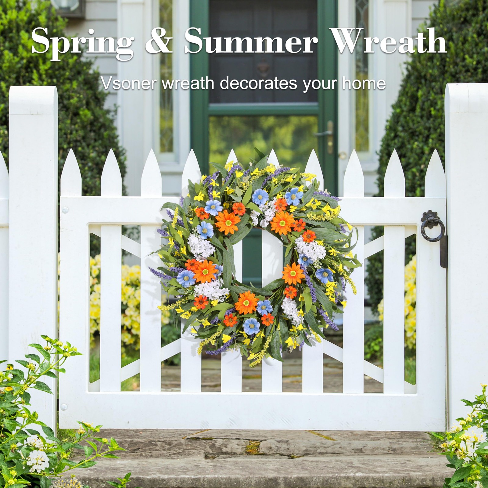 Spring Wreath for Front Door 24 Inch, Summer Floral Wreaths with Artificial D…