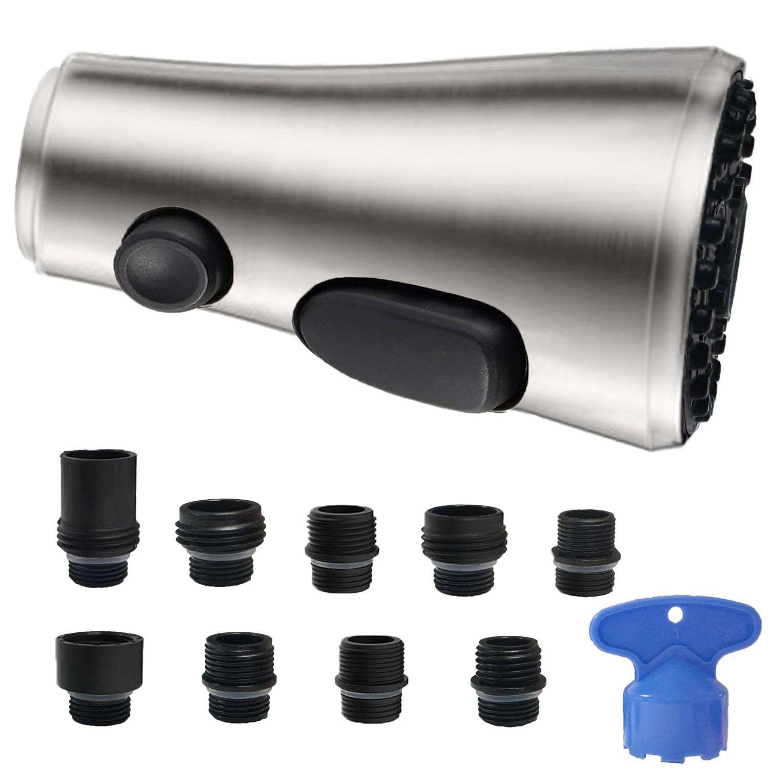 3-Mode Pull Down Kitchen Faucet Spray Head Replacement, 9 Adapters, Brushed Nick
