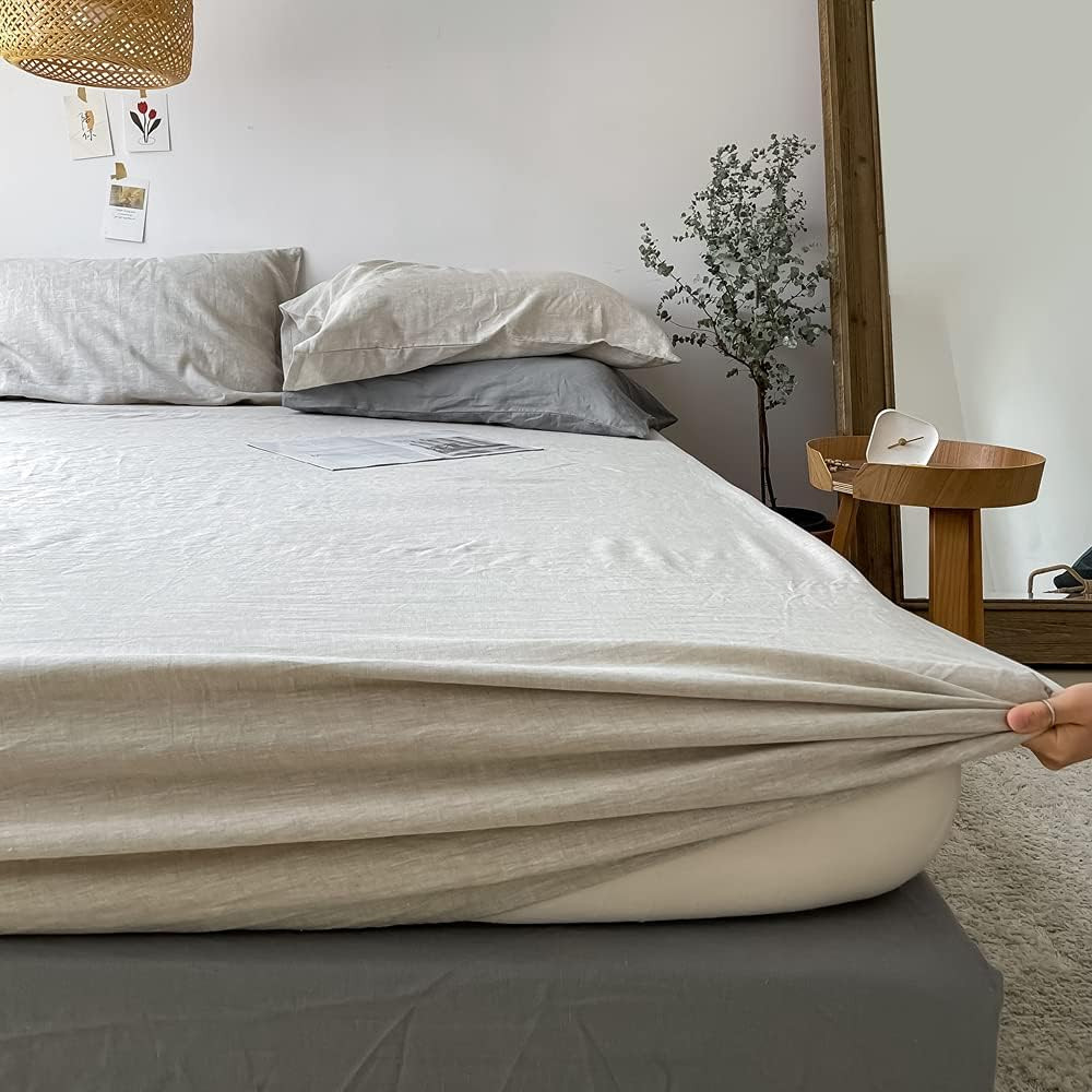 100% Linen Fitted Sheet Stone Washed Solid Color – (1 Piece) 14 Inch Deep Pocket