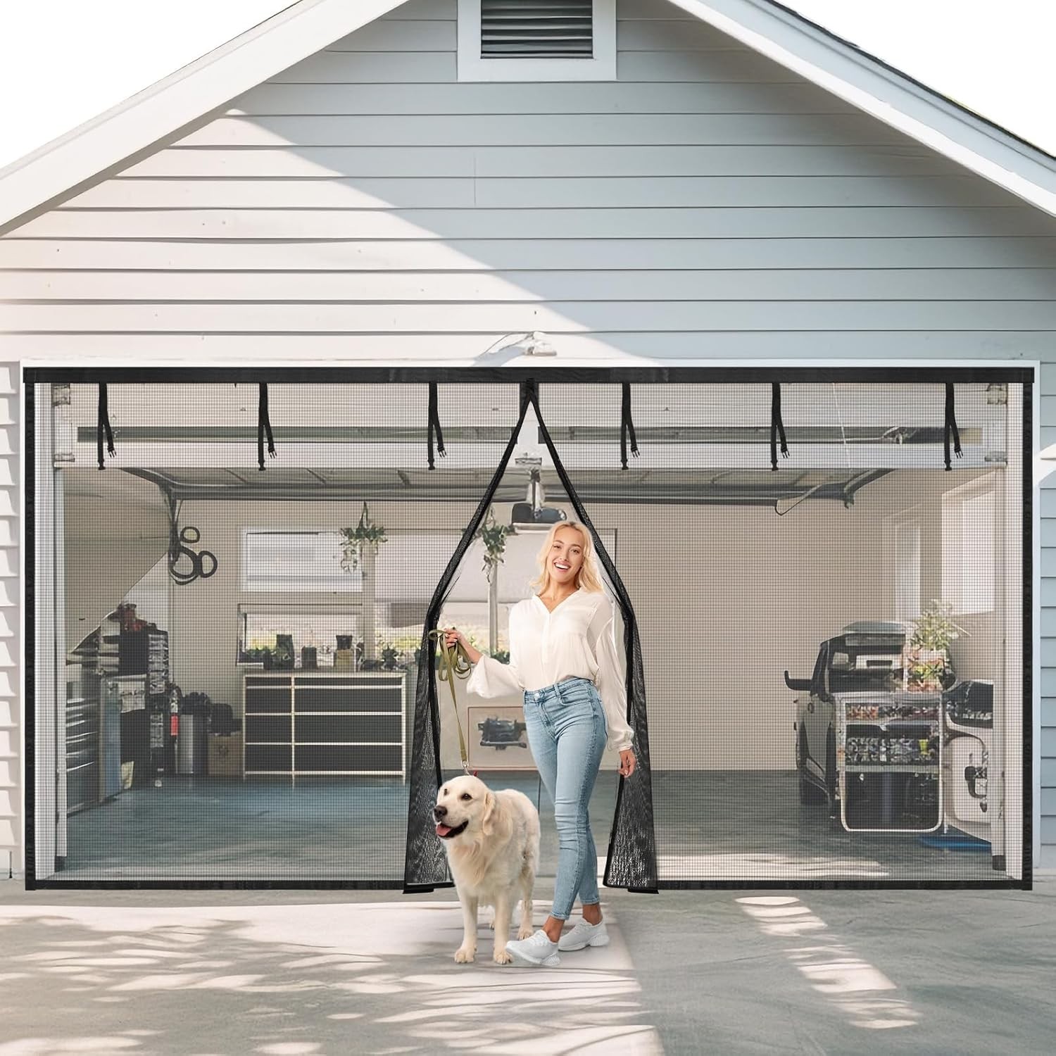 Magnetic Garage Door Screen 16 x 7ft for 2 Cars Heavy-Duty Garage Net Fiberglass