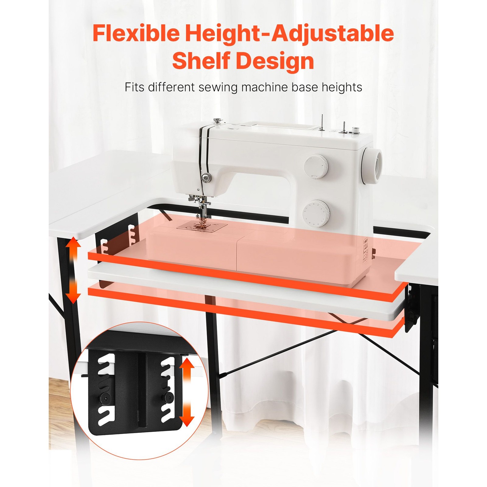 Foldable Sewing Table with Adjustable Shelf, 31.5in x 23.6in White MDF Top