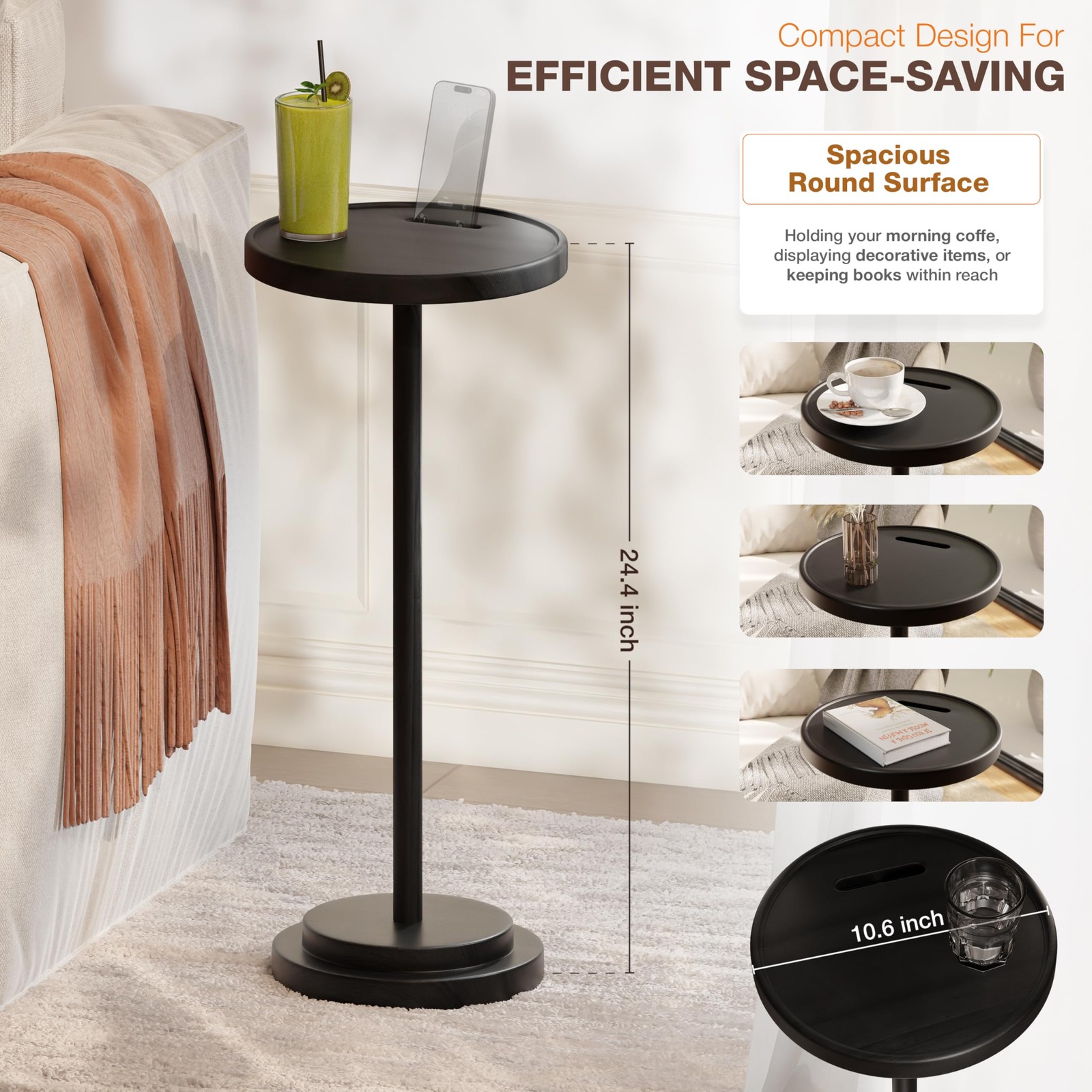 Drink Table 24.4 Inch Tall Compact Side Table Phone Slot Black