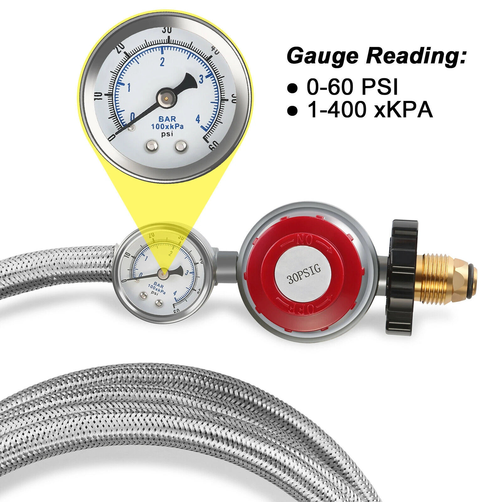 12FT High Pressure Adjustable Propane Gas Regulator Hose Indicator, Stainless