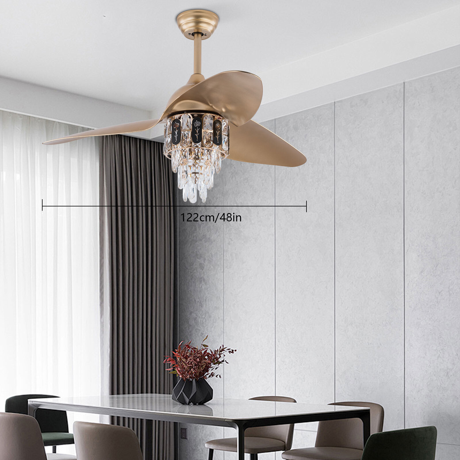 48″ Crystal Ceiling Fan Light Remote Control Chandelier Retractable Fandelier