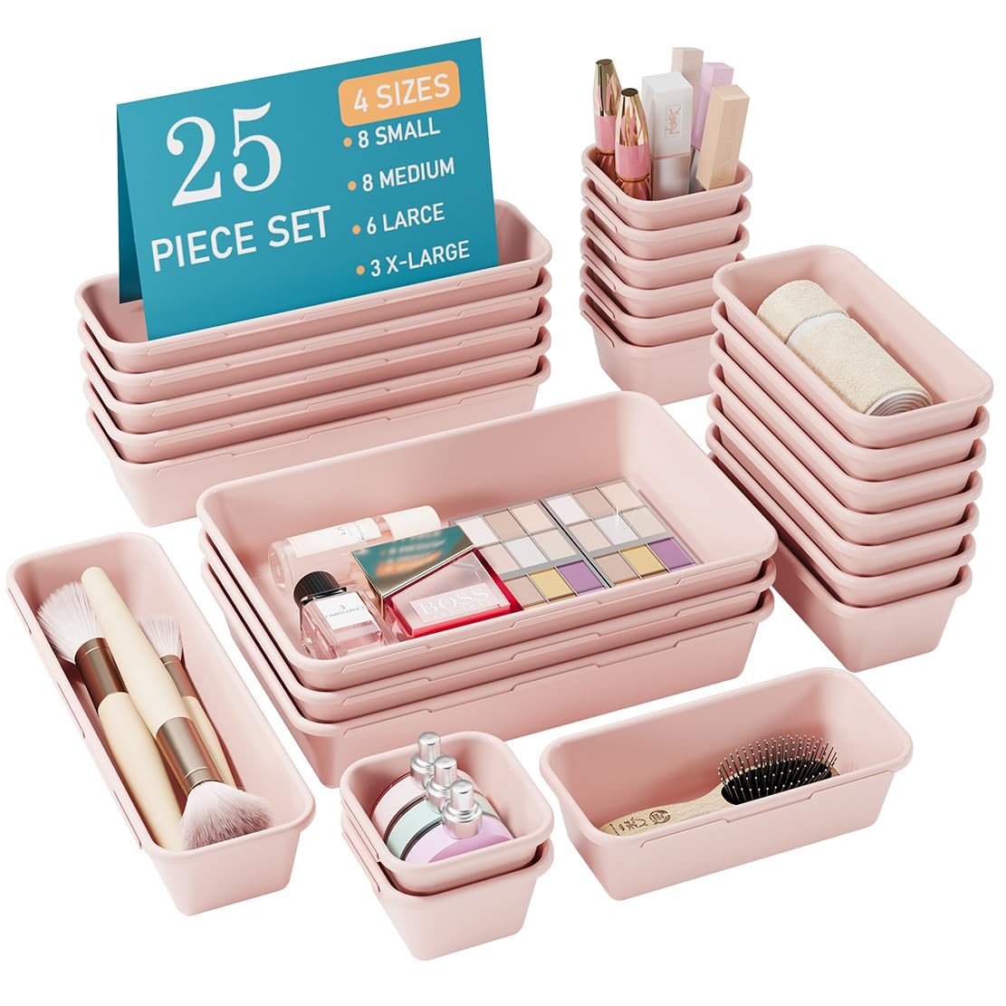 Kutesna 25 PCS Pink Drawer Organizer Set, 4 Size Interlocking Plastic Storage…