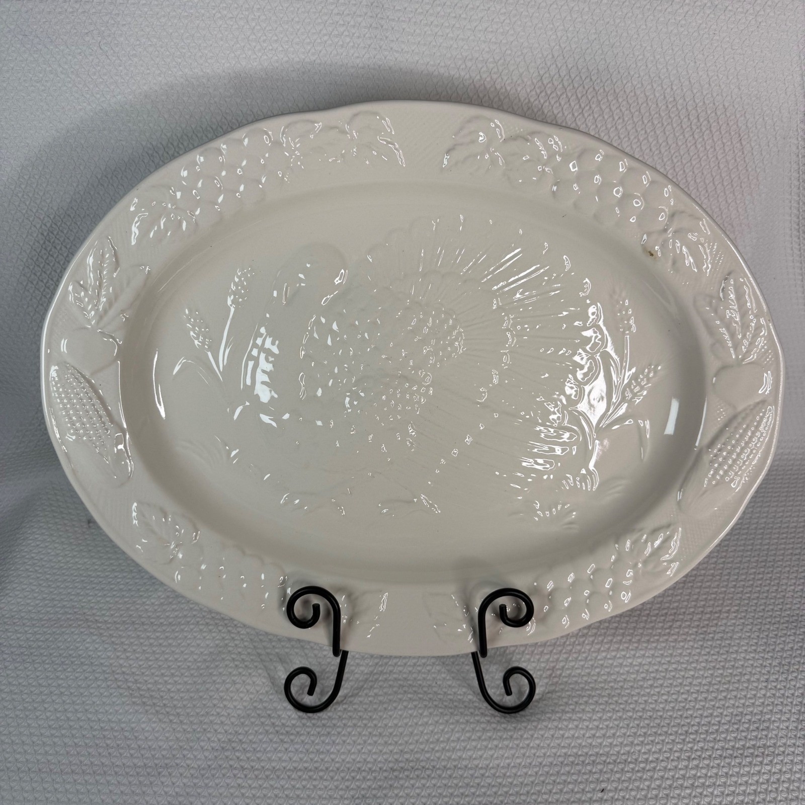 Vintage White Embossed Turkey Harvest Ceramic Oval Serving Platter Made in Japan