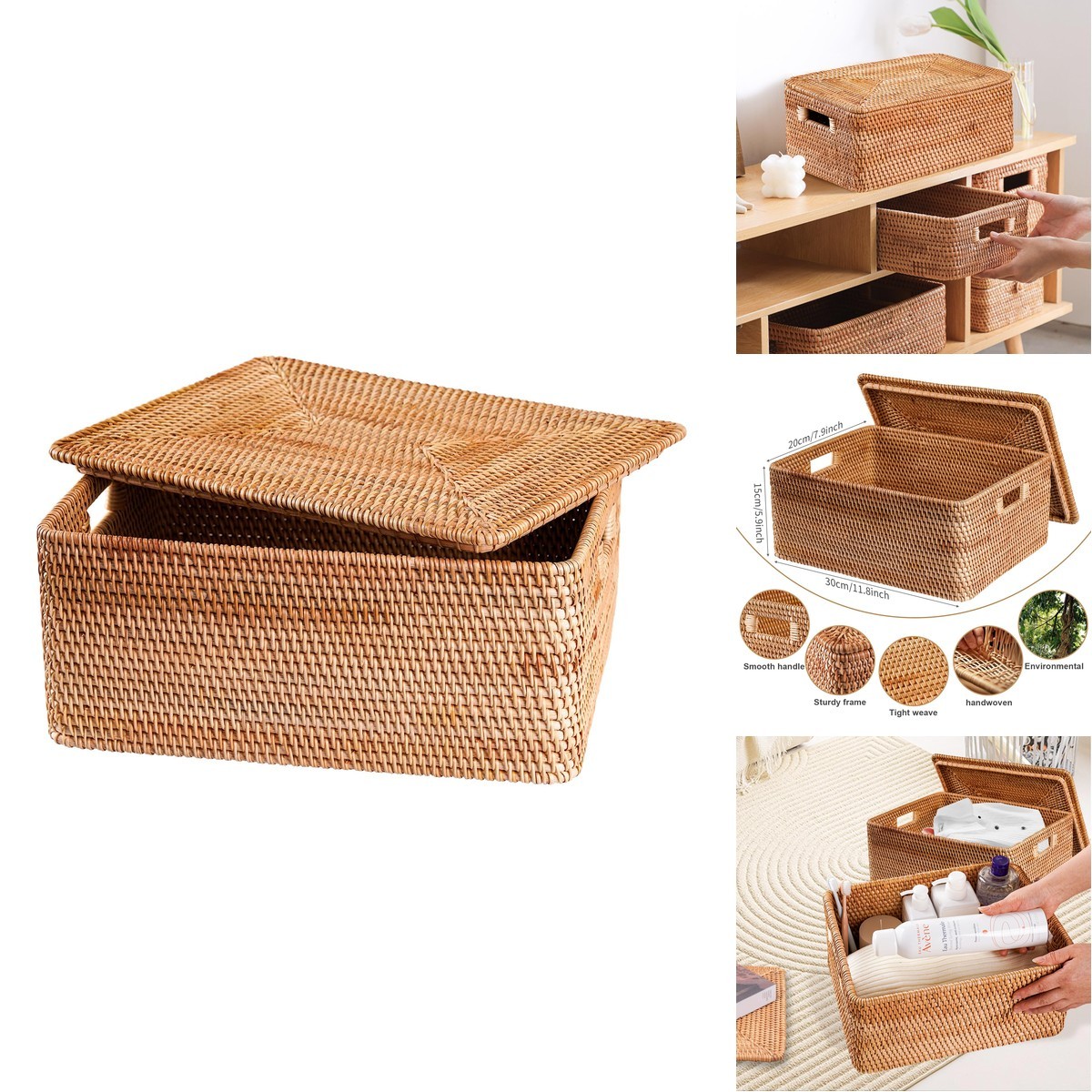 FIYAMMY Rattan Basket Lid, 11.81″×7.87″×5.91″, Handwoven Storage