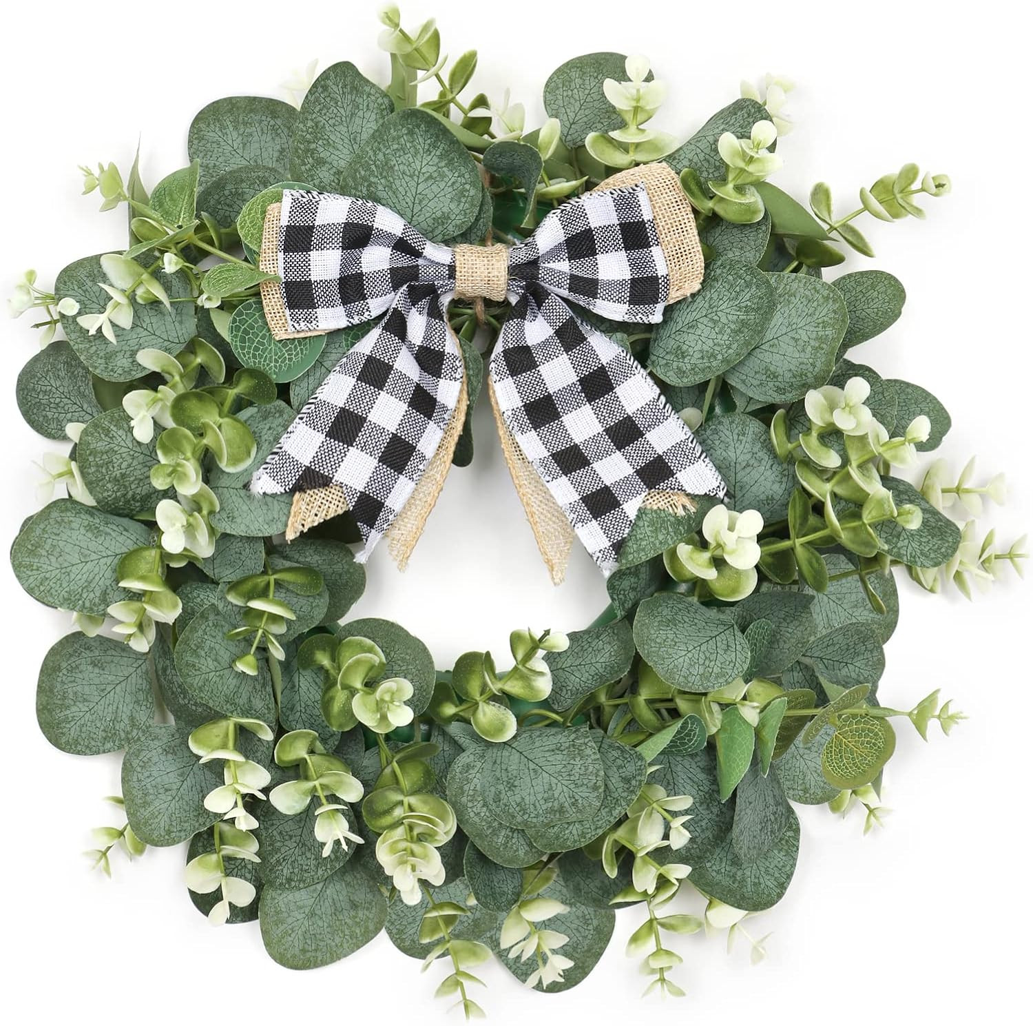 12″ Artificial Eucalyptus Wreath with Plaid Bow | Spring Summer Green Leaf Wreat