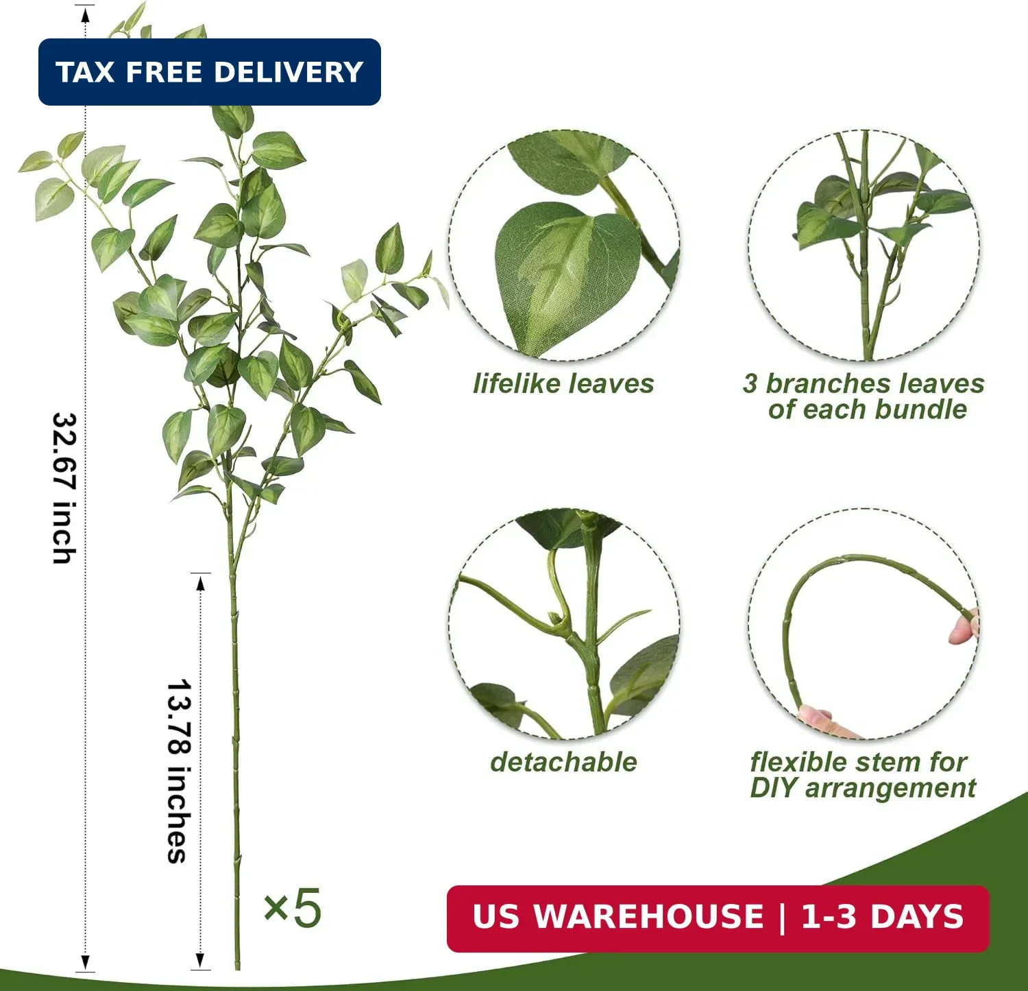 HyeFlora 5PCS Artificial Eucalyptus Leaves Stem Plants for Spring Decor, 32.7 in