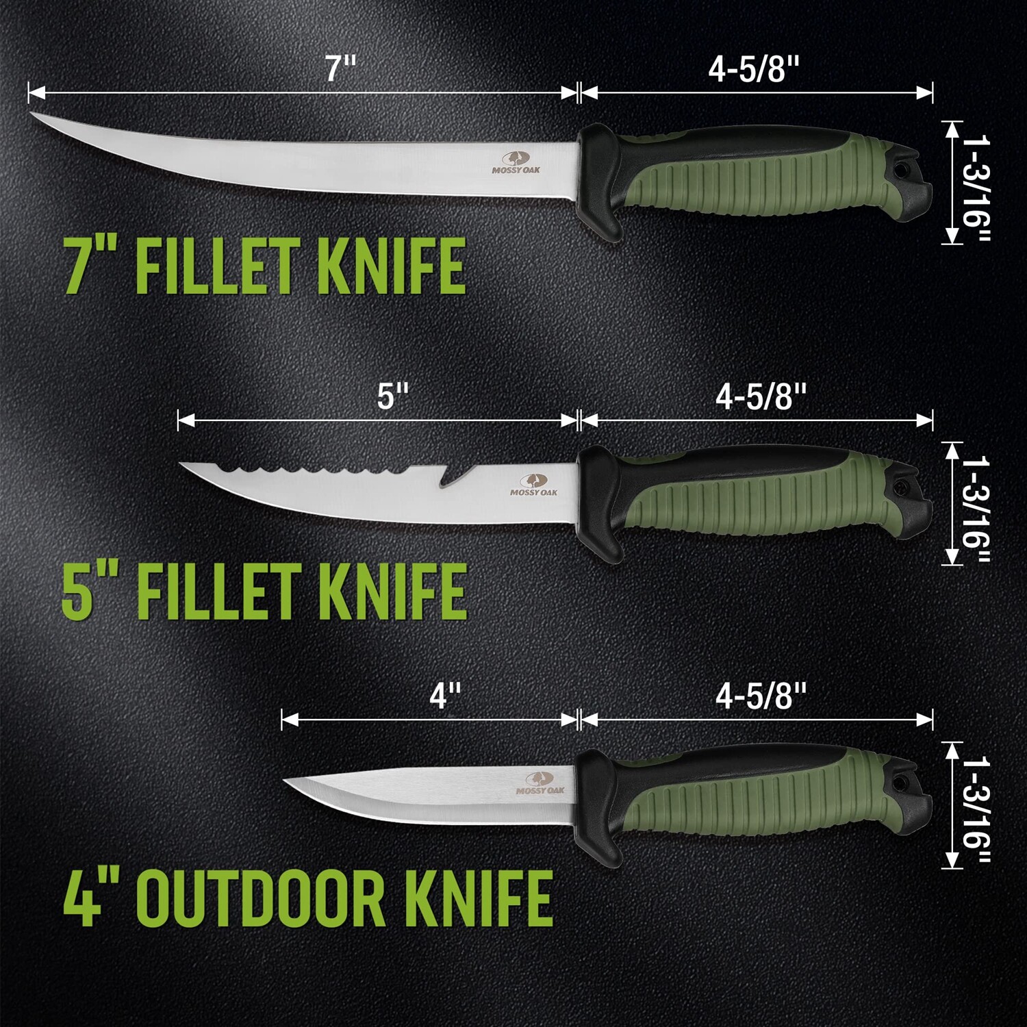Mossy Oak 3PC Fishing Knife Sets Stainless Steel Filet Knife w/Protective Sheath