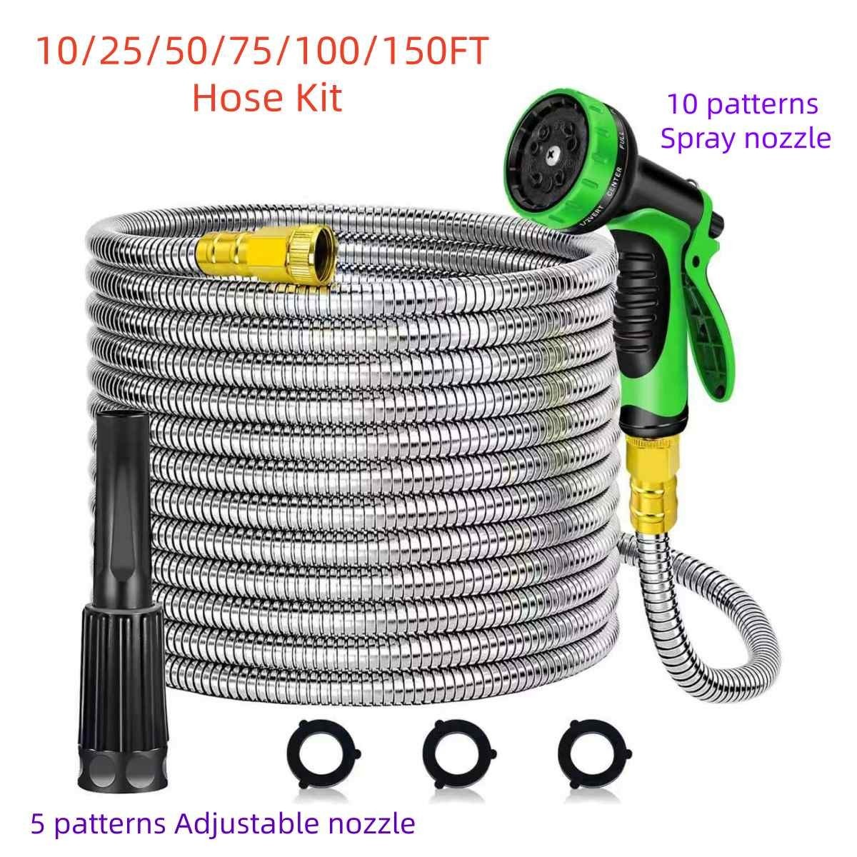 10/25/50/75/100/150FT Stainless Steel Flexible Garden Water Hose 2X Spray Nozzle