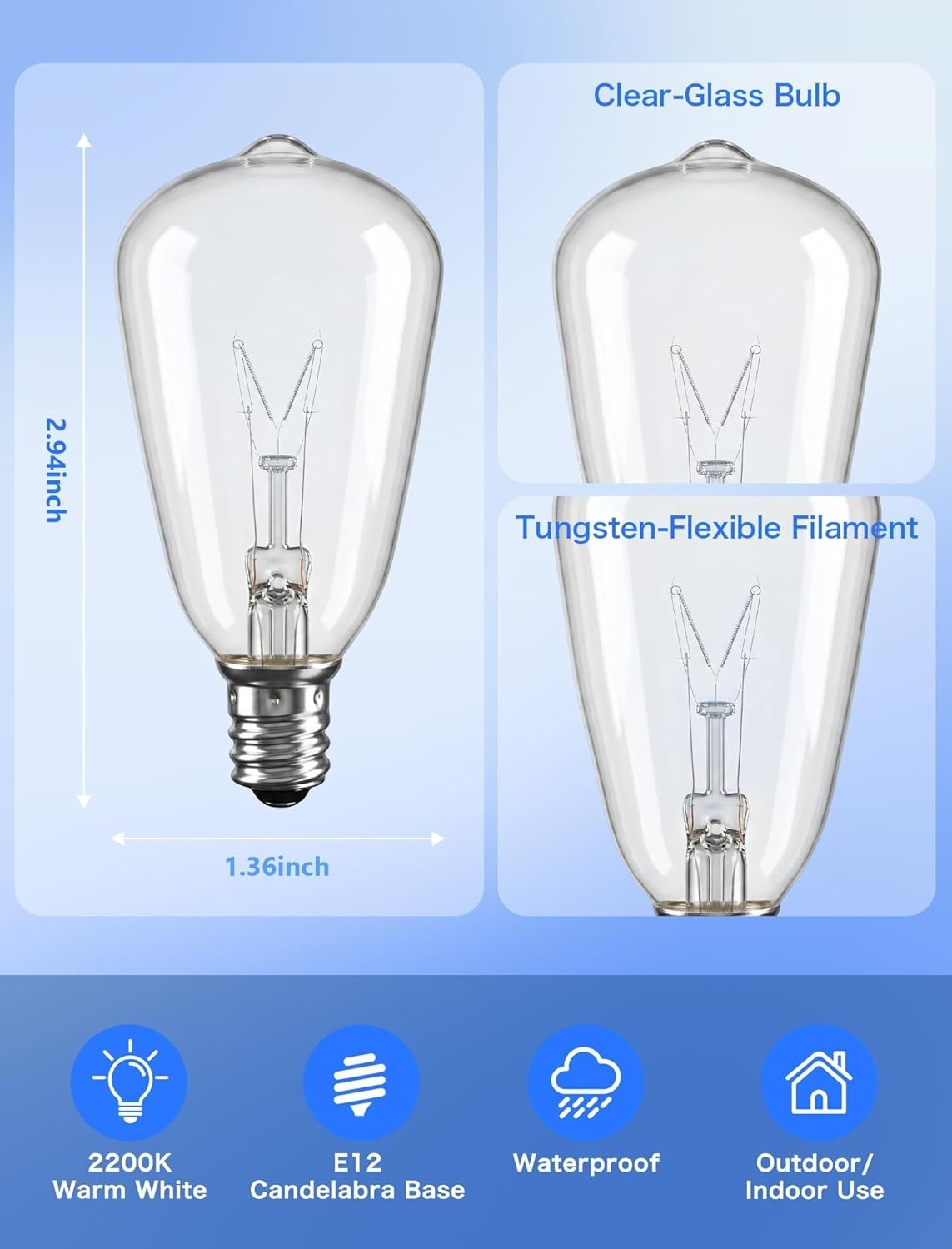 10 Pack Edison Light Bulbs, 5 Watts E12 Candelabra Base ST35 Edison Replacement