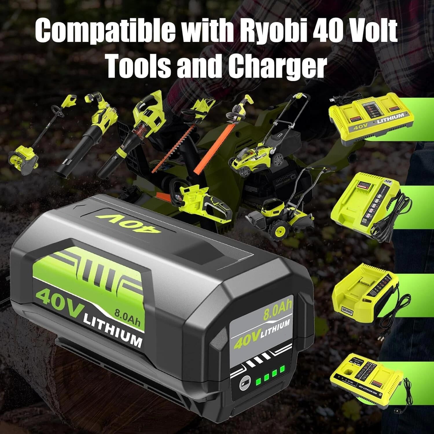 2Pack 8.0Ah Replacement for Ryobi 40V Lithium OP40602 Battery With LED / Charger