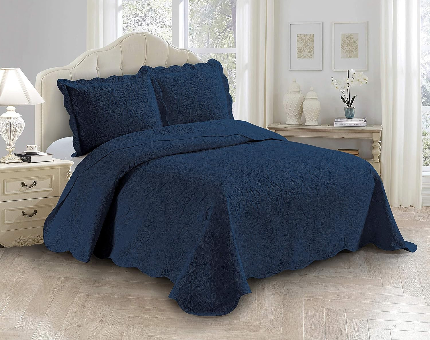3Pc Embossed Coverlet Bedspread Set Oversized Bed Cover Solid Floral Daisy Patte