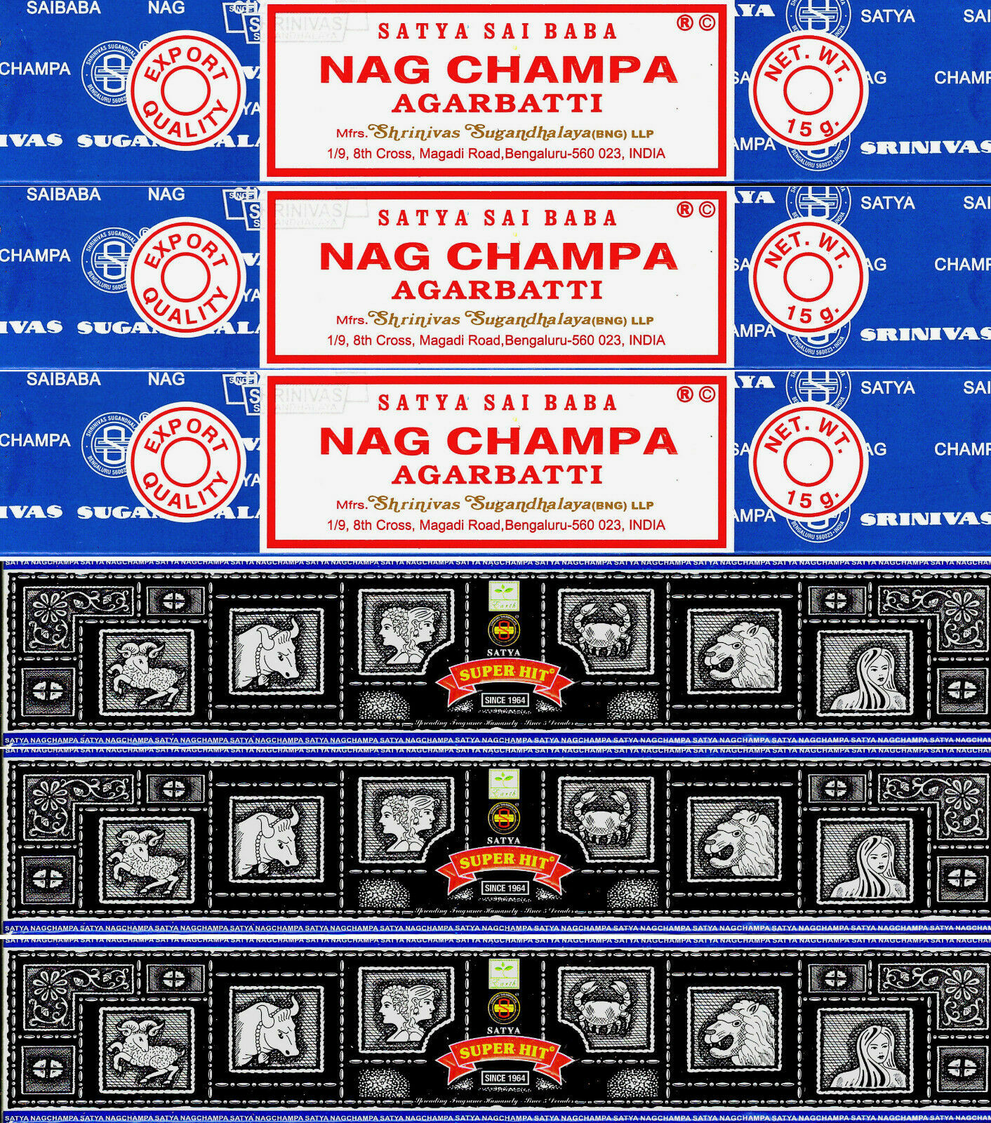 45 gm Super Hit Incense & 45 gm Nag Champa Satya Sai Baba 6 Boxes 15gm per Box
