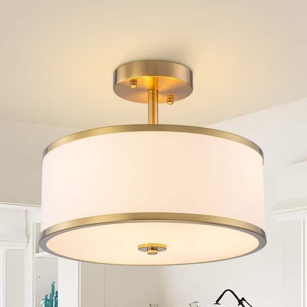 TinHon 12.6 in. 3-Light Modern Gold Fabric Drum Semi Flush Mount Ceiling Light