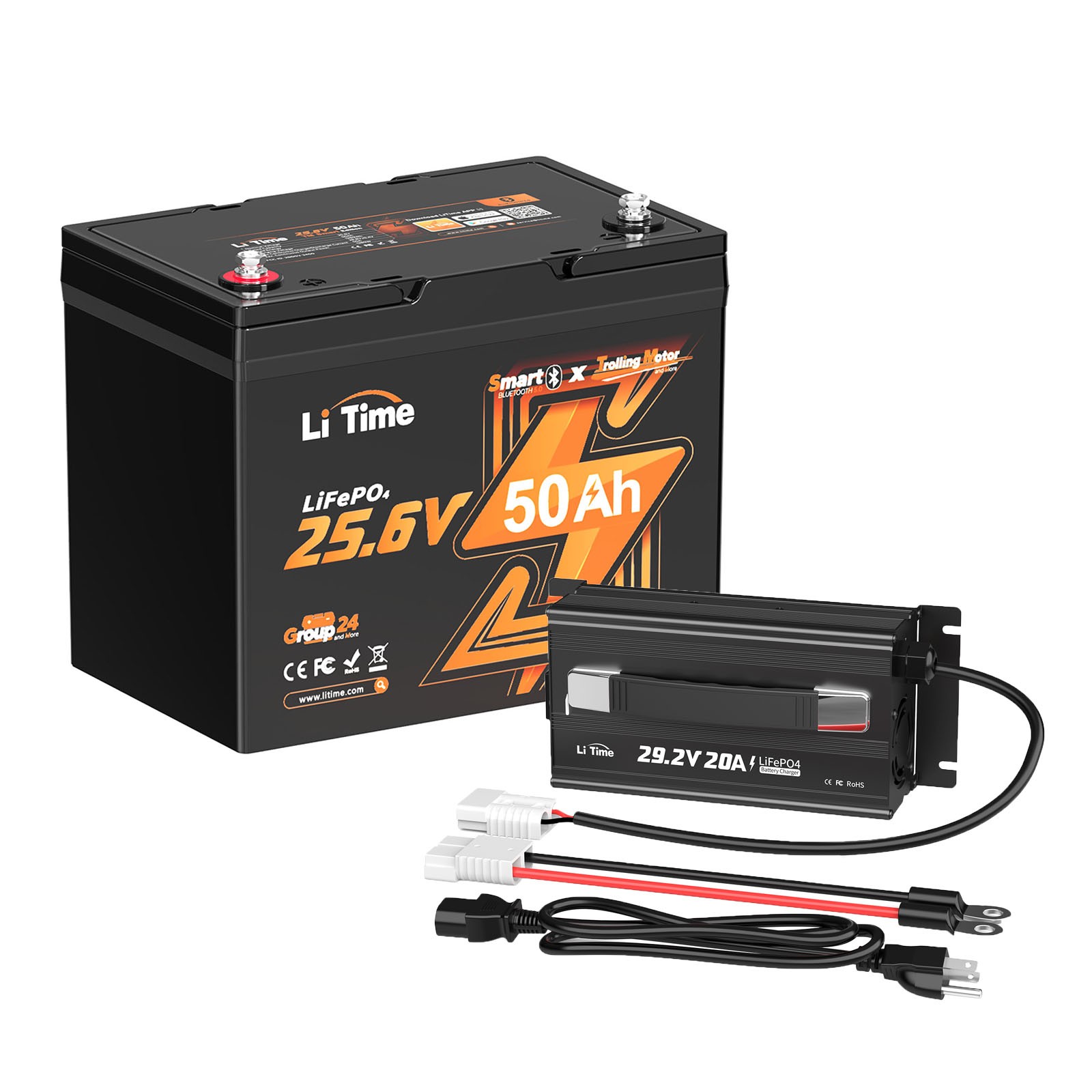 LiTime 24V 50Ah TM Bluetooth LiFePO4 Lithium Battery with 20A Charger For Boat
