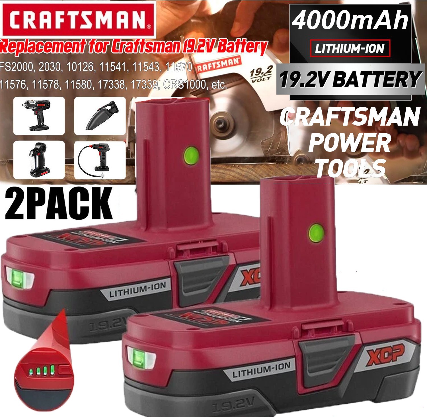 2Pack 19.2V 4.0Ah For Craftsman C3 DieHard Lithium ion XCP Battery 11375 11570