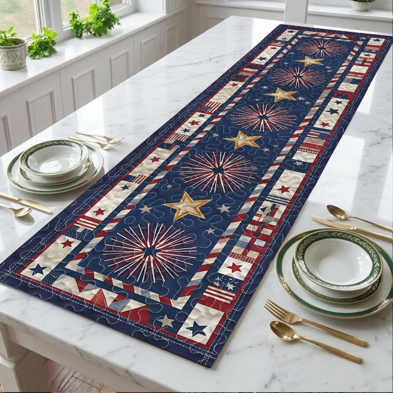 4th of July Table Runner Red White Blue Firework USA Patriotic Dining Decor Gift