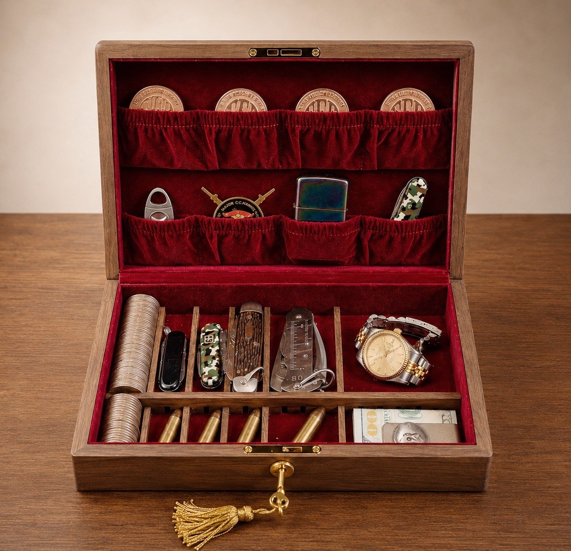 Black Walnut Coin Gold Bar Jewelry Collector Storage Box w/ Lock