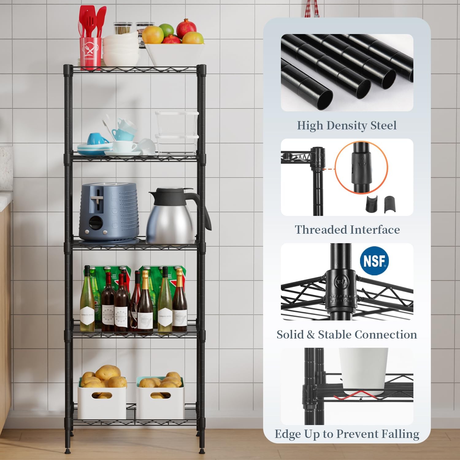 5Shelf Storage Shelves Adjustable Wire Metal Shelving Black 16.7×11.8×47.6