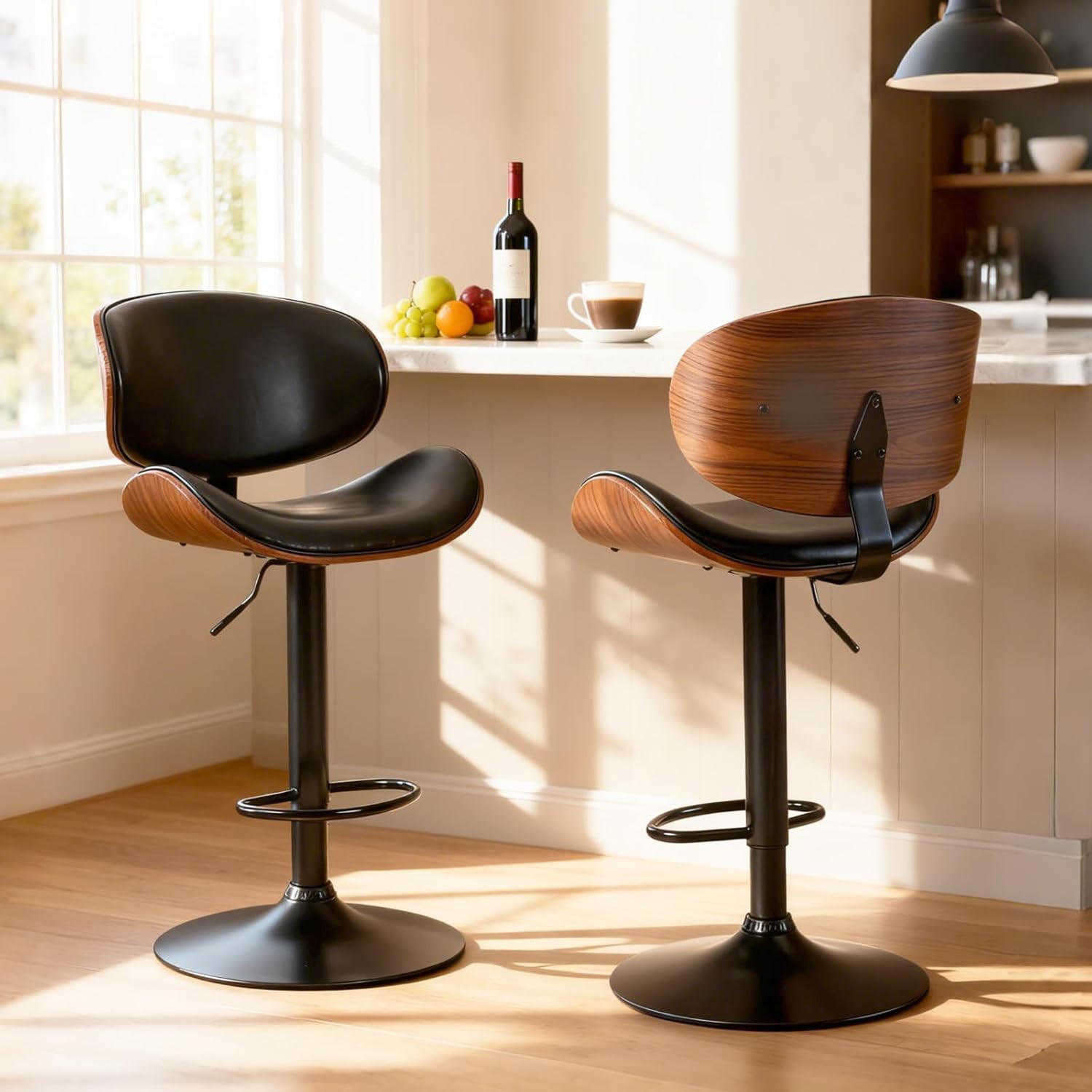 2Pcs Swivel Bar Stools,Adjustable Height,PU Leather Upholstery,w/Back&Footrest