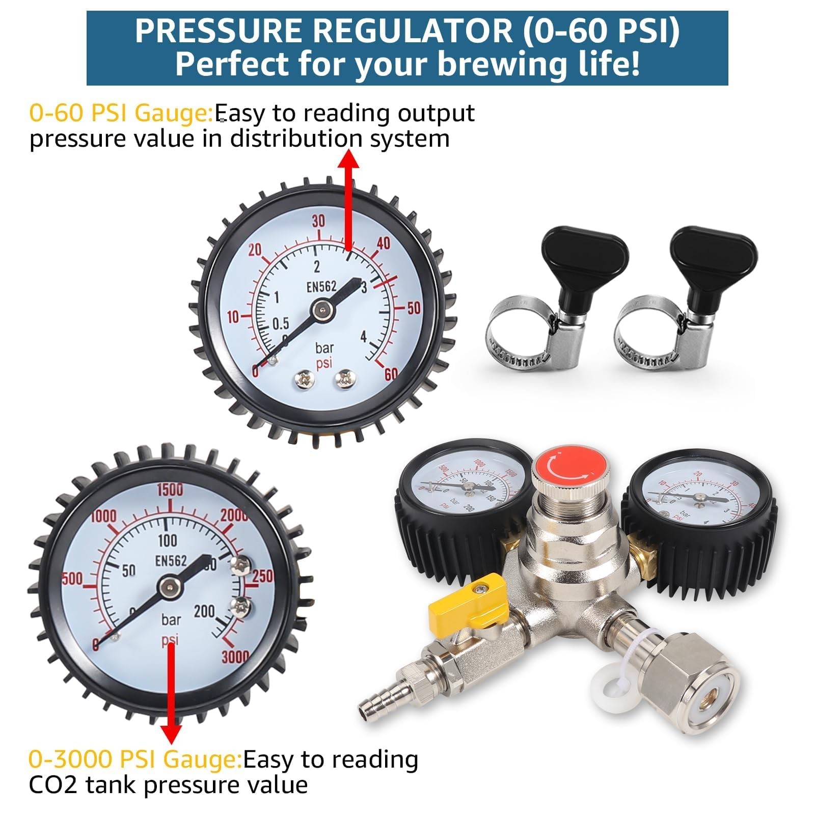 CO2 Regulator Draft Beer Regulator 60PSI Output Pressure Dual Stages Kegerato…