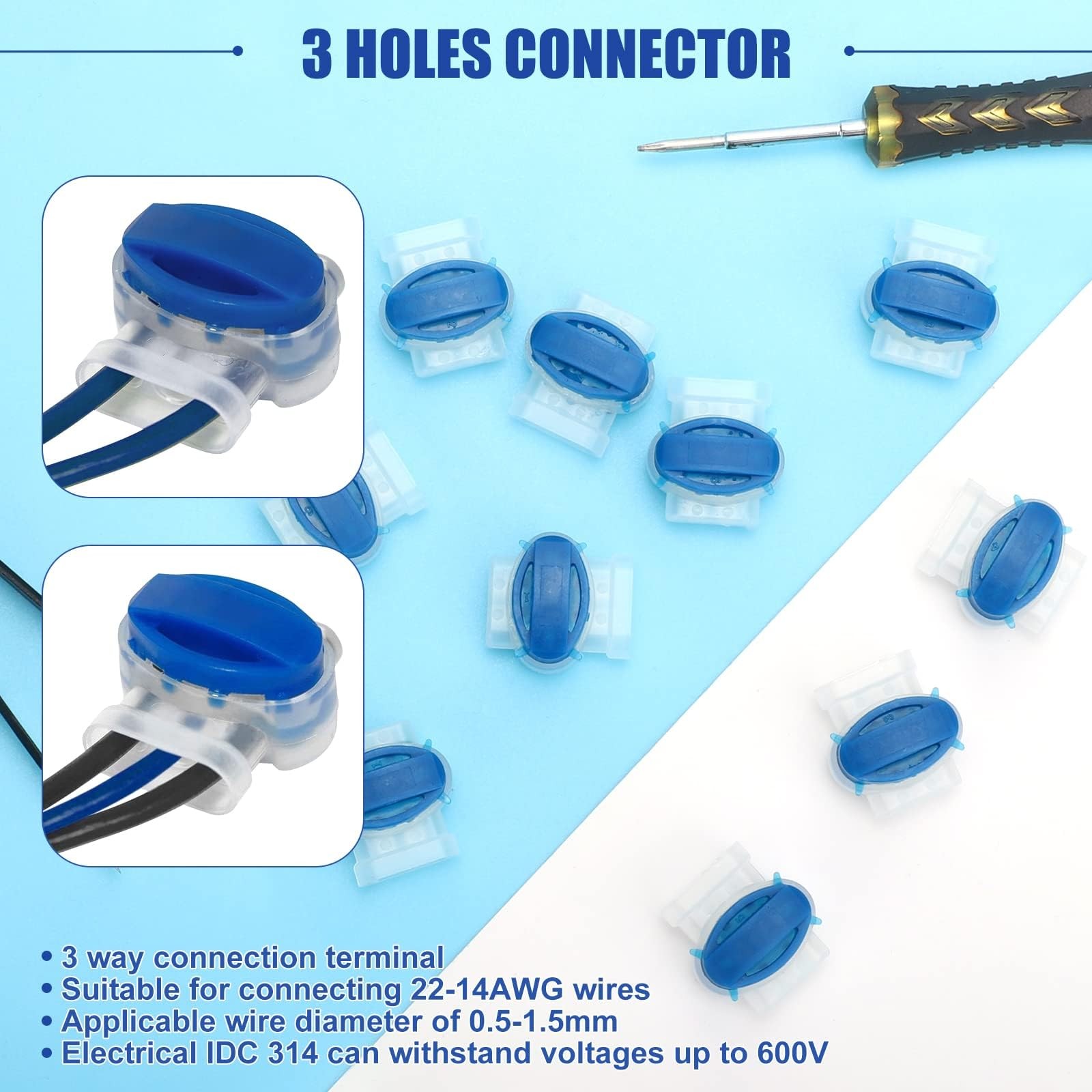 EEEKit Electrical IDC 314-BOX Pigtail 3 Wire Connector, Self-Stripping Blue
