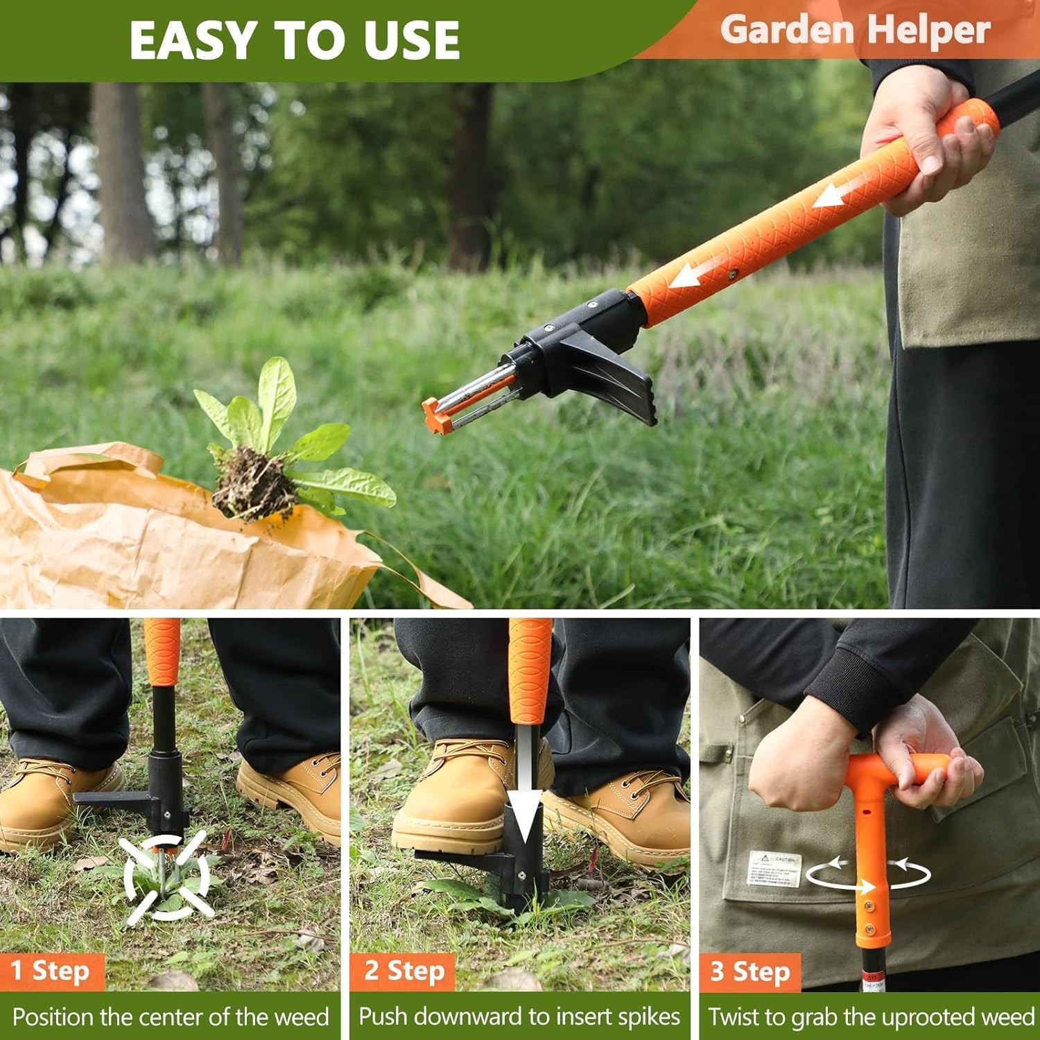 Weed Puller Tool, 3/4 Claw Stand Up Weed Puller Tool with Ergonomic Long Handle